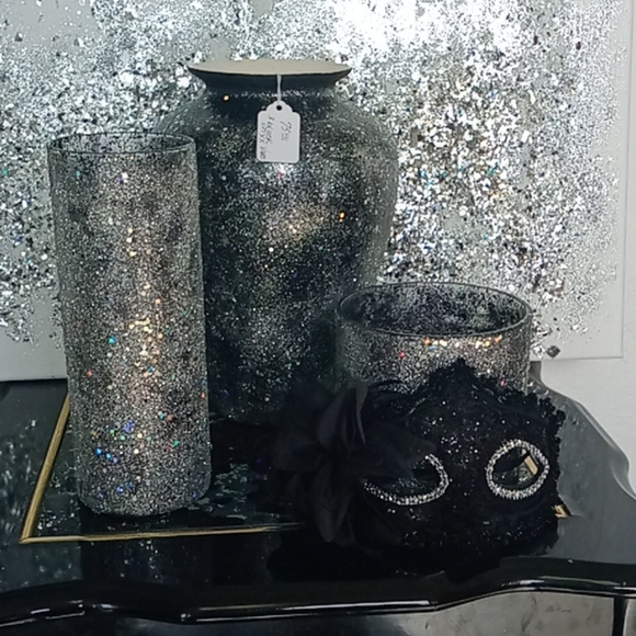 3Black Onyx Vases And Glitter Mirror D sign - Picture 1 of 1